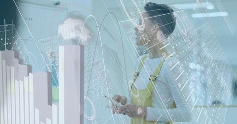 Female Analyst Interacting with Digital Data Display in Laboratory