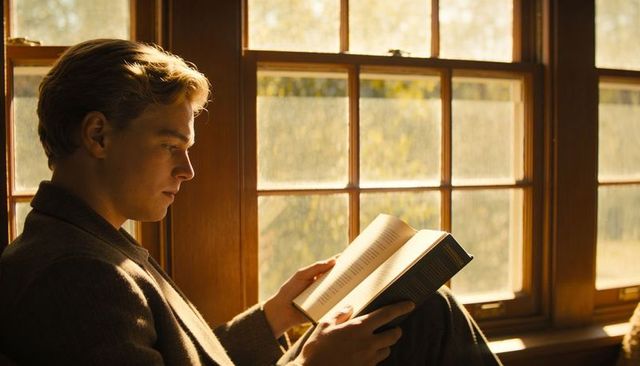 Young man reading on window seat during golden hour, cozy wooden nook, warm light