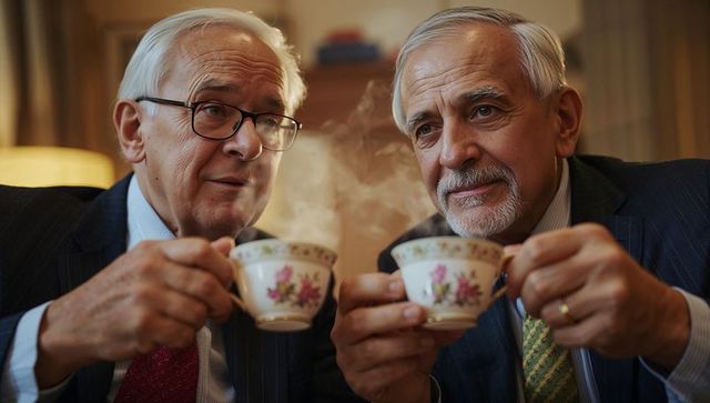 Senior gentlemen sharing steaming tea in elegant floral cups while enjoying warm conversation