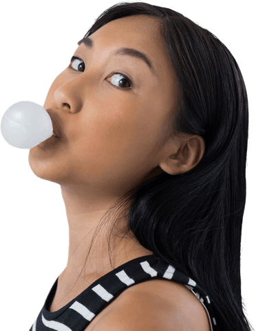Young woman blowing bubble gum on transparent background