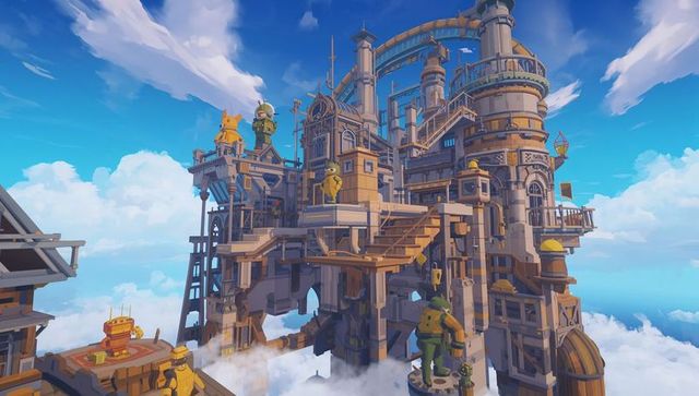 Floating steampunk industrial citadel above clouds with yellow robot workers and bridges