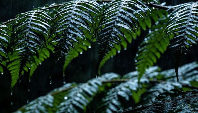Glistening rain-soaked fern fronds dripping emerald water droplets in dark rainforest