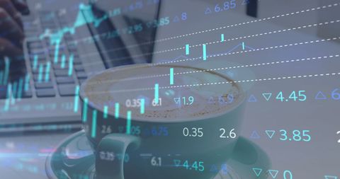 Financial Data Overlay on Laptop and Coffee Scene