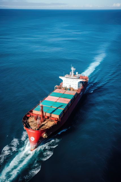 A large red cargo ship is moving through open blue waters, with colorful containers loaded on its deck. Ideal for use in articles or presentations on international shipping, logistics, global trade, freight transportation, or maritime industries. Perfect for websites, blogs, and educational materials focusing on marine travel and freight services.