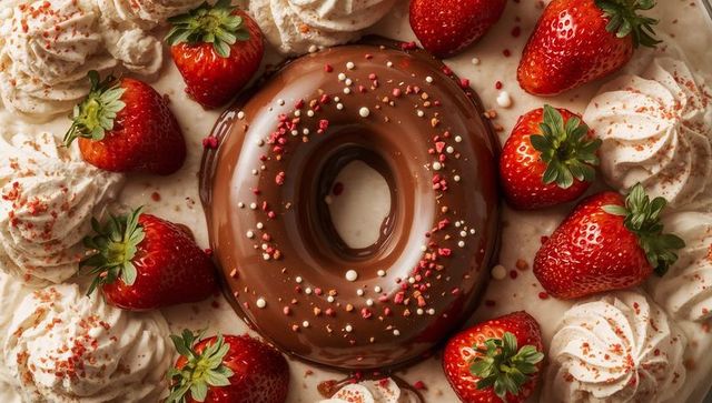 Chocolate glazed ring cake with strawberries and cream rosettes