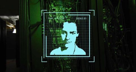 Cyan Pixel Avatar Hologram with Biometric UI Grid in Datacenter Aisle, Futuristic Cybersecurity