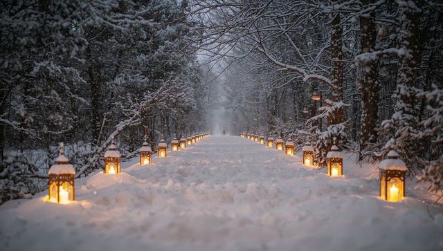 Lantern-lined snow path at dusk leading through frosted forest with warm candle glow