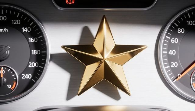 Gold five-pointed star ornament sitting on car dashboard between analog speed gauges