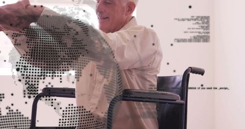 Caregiver Adjusting Blanket for Senior in Wheelchair with Digital Data Overlay