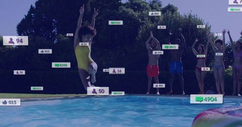 Young Woman Diving into Pool Celebrated by Friends with Social Media Metrics