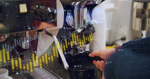 Barista Operating Espresso Machine with Financial Data Overlay for Coffee Analytics