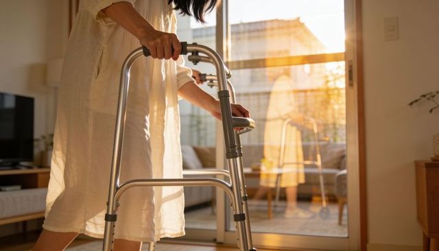 Senior woman walking with rolling walker in sunlit living room promoting independence and mobility