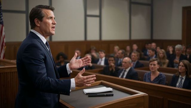 Confident trial lawyer arguing at courtroom podium facing jury and public gallery