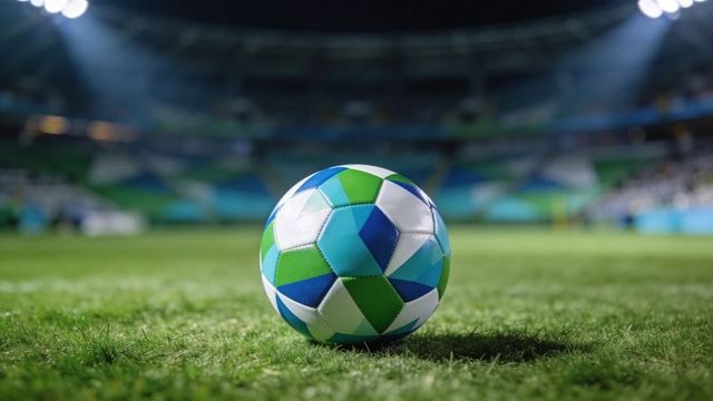 Colorful geometric soccer ball resting on trimmed stadium grass under glowing floodlights