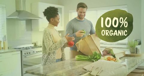 Couple enjoying organic food preparation in modern kitchen