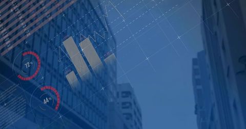 Displaying financial data overlay over urban canyon with transparent dashboard, charts