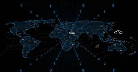 Futuristic Holographic World Map HUD Dashboard with Neon Blue Grid and Data Markers