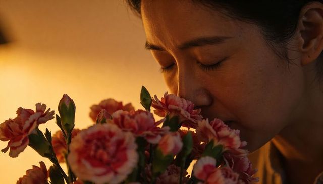 Asian woman smelling pink-and-white carnations near bedside lamp warm golden glow intimate closeup