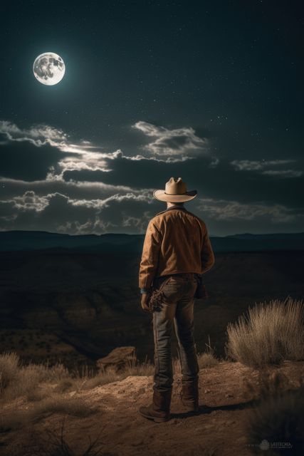 Lone cowboy stands under the full moon in a vast desert landscape, creating a serene and reflective atmosphere. The clear sky shines with stars, emphasizing his solitary presence. Useful for themes related to western culture, adventure, solitude, nature, and nighttime scenery for storytelling or marketing purposes.