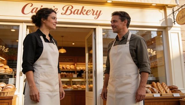 Smiling bakery owners exchanging friendly looks outside artisanal storefront with fresh bread
