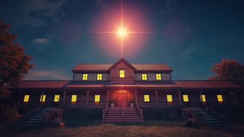 Celestial Star Illuminates Rustic Lodge Under Starry Night