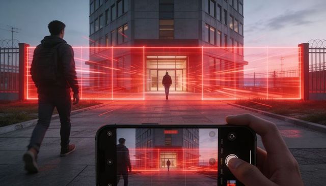 Walking silhouette entering office through glowing red security grid while smartphone capturing scen