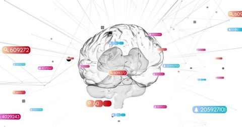 Translucent 3D Brain with Colorful Data Tags and Network Nodes for AI Visualization