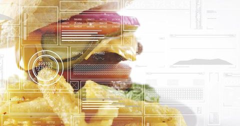 Augmented reality cheeseburger and fries with data overlay for food tech advertising