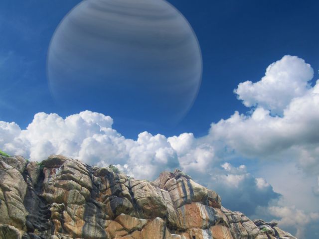 Rocky cliffs under blue sky with white clouds and a giant planet in the background present a surreal and dreamlike atmosphere. Useful for sci-fi book covers, fantasy film scenes, adventure game graphics, and creative illustrations depicting extraterrestrial landscapes.