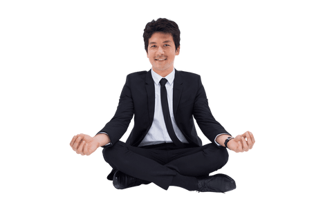 Smiling asian businessman practicing yoga with transparent background