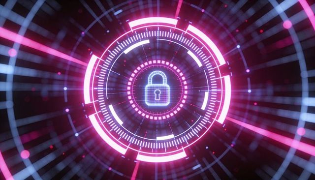 Neon padlock HUD protecting data in futuristic cybersecurity interface with rotating rings