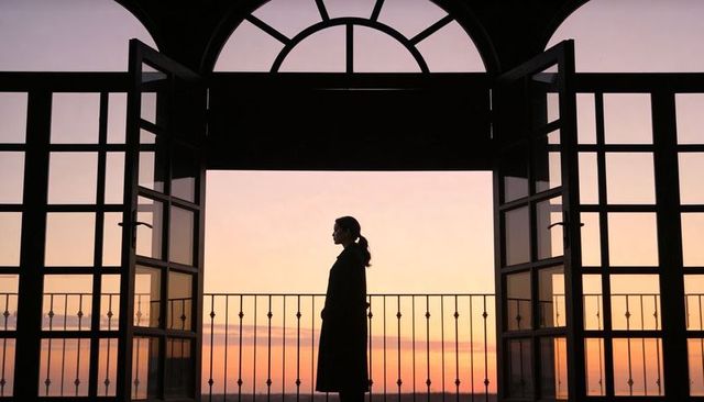 Woman standing on balcony gazing at sunset through open french doors silhouette