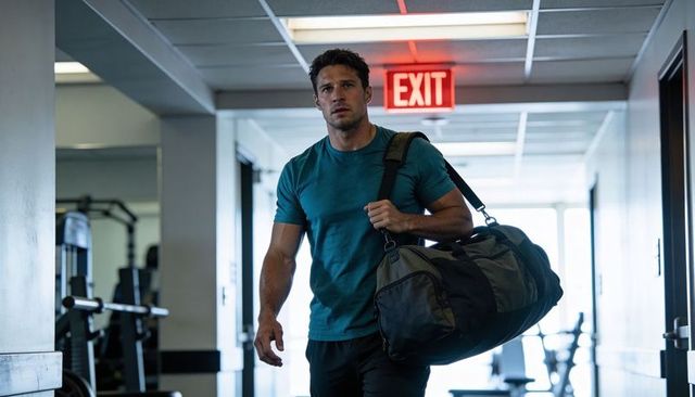 Muscular man walking through gym corridor carrying duffel bag under illuminated exit sign