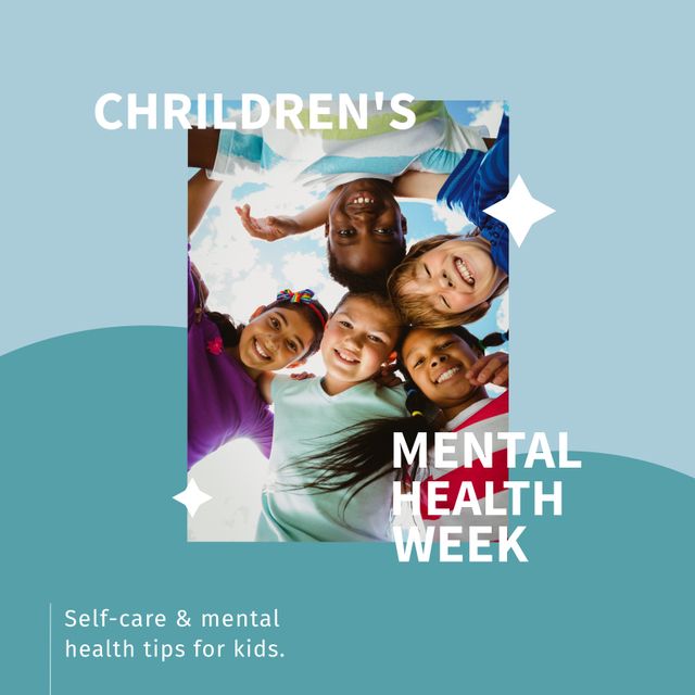 Group of diverse children embracing and smiling cheerfully, promoting Children's Mental Health Week. Ideal for materials addressing children's self-care and mental health tips, educational campaigns, social media posts, and health-related content.