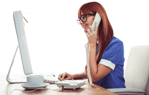 Hipster Woman Smiling on Phone with Computer and Cup - Download Free Stock Videos Pikwizard.com