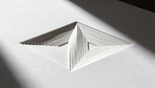 Concentric triangular paper sculpture with layered ridges and dramatic studio shadow