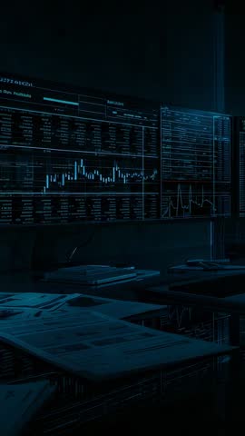 Vertical video Updating monitors showing live data analytics and financial charts in control room