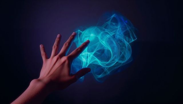 Reaching hand touching glowing blue-green energy ribbon, futuristic neon light effect vfx