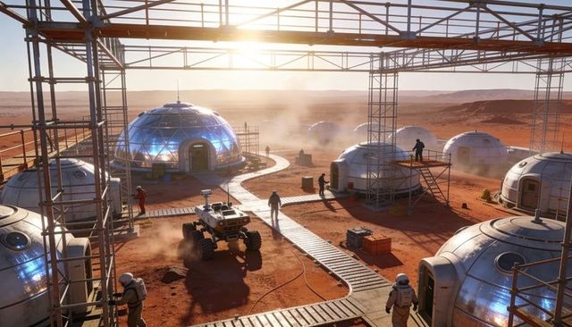 Mars Outpost Construction at Sunset with Geodesic Domes, Rover and Astronaut Crew