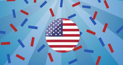 American Flag Circle with Red and Blue Confetti on Abstract Background