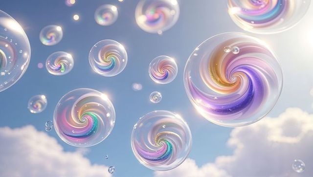 Surreal Spiraling Bubbles Floating in Sunny Sky