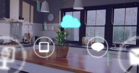 Modern kitchen island featuring woven planter, green houseplant and augmented reality icons