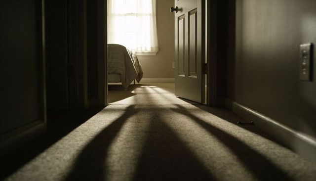 Sunlight casting long shadows down hallway into cozy bedroom at golden hour