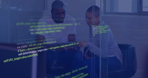 Colleagues collaborating over tablet with floating code overlay in modern glass office
