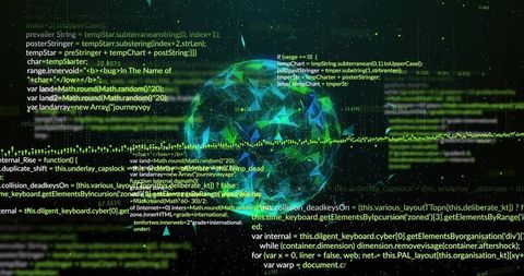 Pulsating Mesh Sphere Glowing Within Neon Data-Visualization Network with Streaming Code
