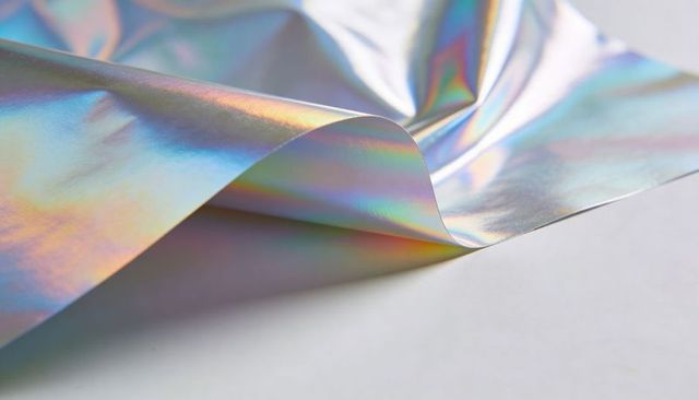 Holographic foil sheet with curled ridge reflecting rainbow light on white surface