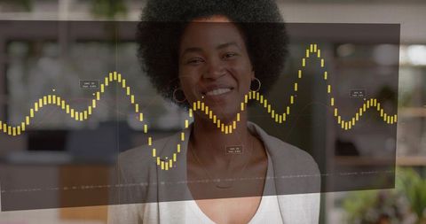 Smiling professional analyzing candlestick chart overlay on dashboard in modern office