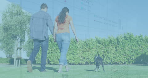 Couple Walking Dog with Overlay of Global Data Charts
