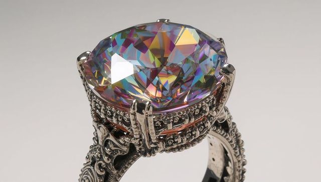 Showcasing Iridescent Mystic Gemstone in Ornate Filigree Silver Ring Closeup