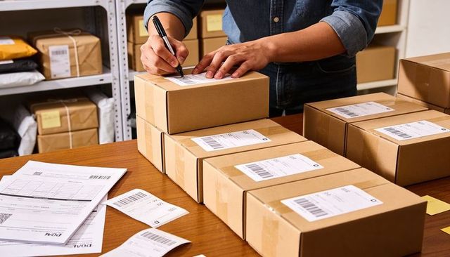 Preparing Shipping Labels on Cardboard Boxes at Busy Packing Station for Fulfillment